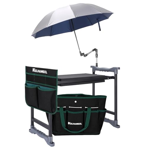 Garden Kneeler and Seat with Umbrella, 2-in-1 Foldable Gardening Stool with Adjustable Bracket, Detachable Tool Bags, Heavy Duty Kneeling Pad for Gardening (Beige Green) - color: Beige & Green