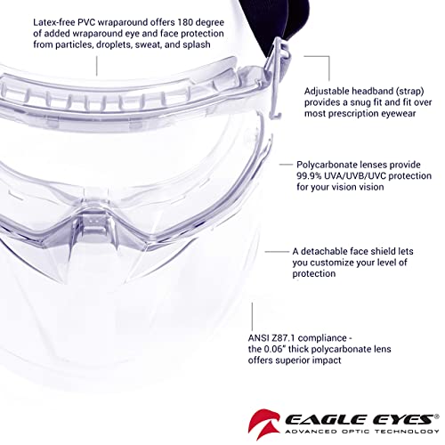 Eagle Eyes Anti-Fog Scratch-Resistant Safety Goggles with Face Shield - 99.9% UV Rays Protection - Universal Fit Lightweight Eyewear (Clear) - color: Clear