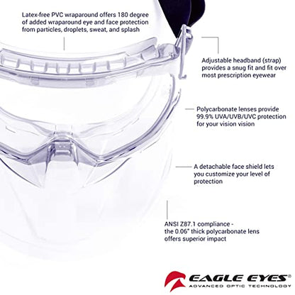 Eagle Eyes Anti-Fog Scratch-Resistant Safety Goggles with Face Shield - 99.9% UV Rays Protection - Universal Fit Lightweight Eyewear (Clear) - color: Clear
