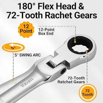 DEKOPRO 8-PC Flex Head Ratcheting Wrench Set, Metric Standard 9-17mm, 72-Tooth Cr-V Combination Wrenches with Portable Pouch for Mechanics & Home Maintenance - size: Metric