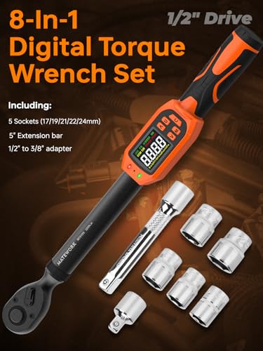 Matework Digital Torque Wrench 1/2" Drive | 8.5-160 ft.lb | ±1% High Accuracy | Buzzer and LED Alert | 3-Mode & 5-Unit Switch, 8PCS Digital Torque Wrench Set for Motorcycle, Car Maintenance - size: 1/2-Inch (8.5-160 ft·lb)