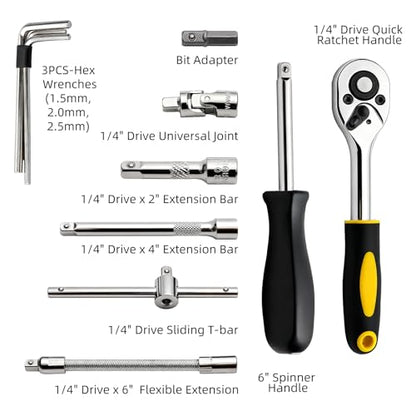 46 Pieces Drive Socket Ratchet Wrench Set, 1/4 inch Metric Socket Set, Ratchet Wrench Set with Quick-Release Ratchet and Extension Bar, Storage Case - Perfect for Auto Repair & Home Use