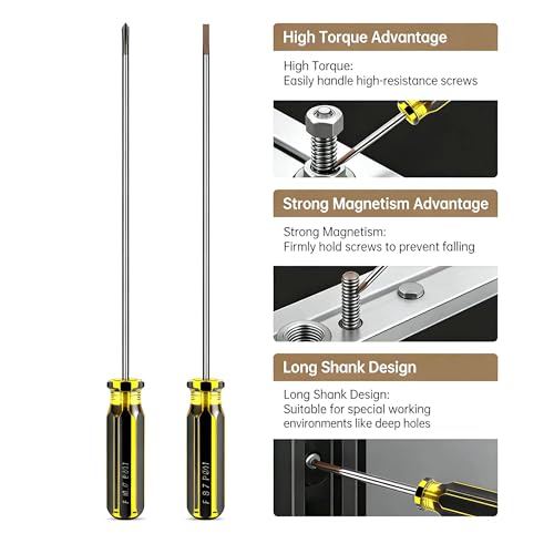 12 Inch Extra Long Screwdriver Set, Flat Head & Phillips Screwdriver with Clear Handle, Heavy Duty Magnetic Tip Screwdrivers for Home Repair, Automotive, DIY Projects, 2 Pack