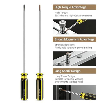 12 Inch Extra Long Screwdriver Set, Flat Head & Phillips Screwdriver with Clear Handle, Heavy Duty Magnetic Tip Screwdrivers for Home Repair, Automotive, DIY Projects, 2 Pack