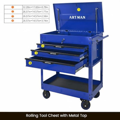 Rolling Tool Chest with Metal Top, 3-Drawer Tool Cart with Wheels, Blue | Ball-Bearing Slides, Powder-Coated Finish, Side Tool Rack, Lockable, Locking Brakes, Ergonomic Push Handle - color: Blue