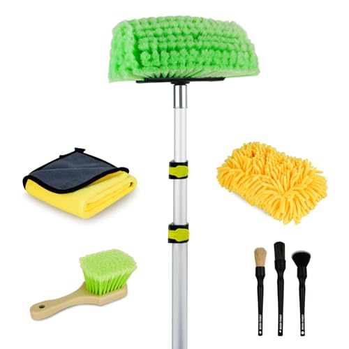 10FT Car Wash Brush with Long Handle, Car Cleaning Kit with Telescoping Pole and Soft Bristles Brush, Detailing Brushes, Tire Brush, Car Wash Sponge & Towel for RV, SUV, Trucks, Floors, House Siding