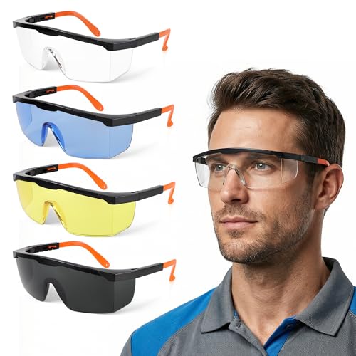 Safety Glasses 4 Pack – 4 Lens Colors Clear Smoke Yellow Blue for Day & Night, ANSI Z87.1 Anti Fog, UV Protection, Impact Resistant Protective Eyewear Over-spec for Work & Outdoor - color: 4 Color Lenses