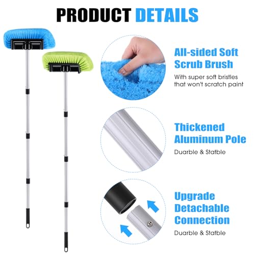 2 Pack 58 Inch Extendable Car Wash Brushes, Soft Bristled Scratch Free Cleaning System with Long Handle, Universal Cleaning Tool Set for Vehicles Home Windows Tires Snow Removal(Green+Blue) - color: green+blue