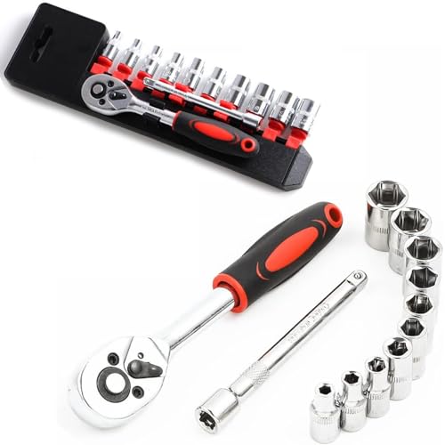 1/4” Ratchet Socket Wrench Set, Mechanic Tool Kit and Sockets Set with Quick Release Reversible Ratchet Handle and Extension Bar, 12 Pcs Set - size: 1/4” Drive 12Pcs