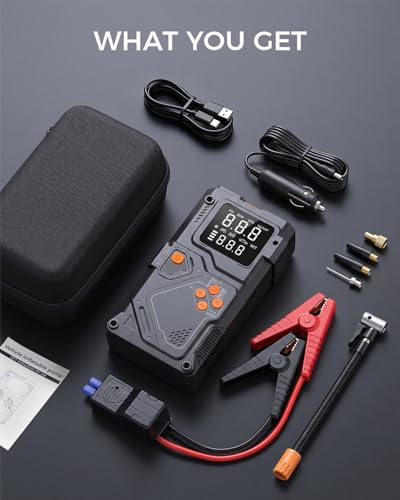 Jump Starter with Air Compressor, 12V Portable Car Battery Jumper Starter with 150PSI Tire Inflator, Emergency Power Bank for 8.5L Gas and 6.5L Diesel Engines