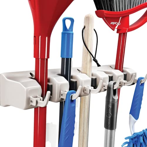 HOME IT Broom and Mop Holder Wall Mount – Heavy Duty Garage Organizer with 5 Slots & 6 Hooks, 7.5lbs Capacity Per Slot - Easy Install Storage Rack for Home, Kitchen, Laundry Room & Garden - Off-White - color: Off-White, size: 1 Pack 5-position, 6-Hooks