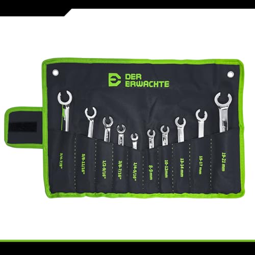 Der Erwachte Flare Nut Wrench Set, Standard & Metric, 10-Piece, 1/4" to 7/8'' & 8-21mm, CR-V Steel, Brake Line Wrench Set with Organizer Pouch - size: 10PC SAE&METRIC
