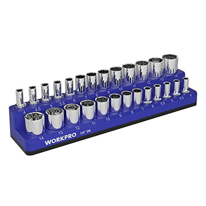 WORKPRO Magnetic Socket Organizer, 1/4-Inch Metric Socket Holder | Hold 26-Piece Sockets, Suitable for Standard and Deep Sockets, Magnetic Base, No Scratches Installation, Socket Not Included - size: 1/4" DR - Metric