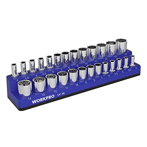 WORKPRO Magnetic Socket Organizer, 1/4-Inch Metric Socket Holder | Hold 26-Piece Sockets, Suitable for Standard and Deep Sockets, Magnetic Base, No Scratches Installation, Socket Not Included - size: 1/4" DR - Metric
