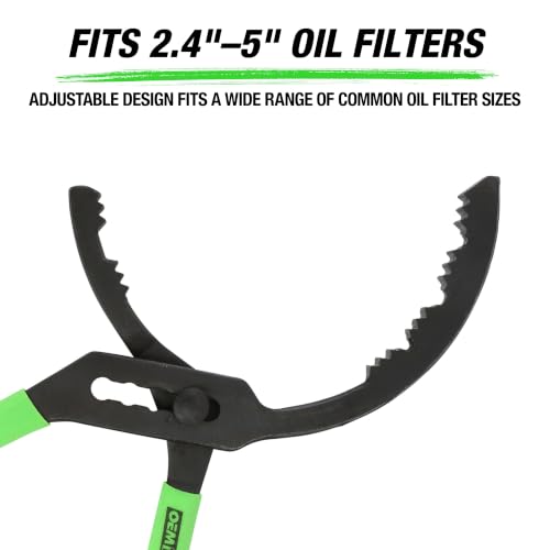 OEMTOOLS 25324 14” Oil Filter Wrench Pliers, 2 2/5" To 5" Adjustable Oil Filter Pliers, Heavy Duty Steel Oil Filter Gripper, 20 Degree Jaws, Green And Black | Adjustable Oil Filter Pliers, Heavy Duty Steel Oil Filter Gripper, 20 Degree Jaws, Comfort Grip