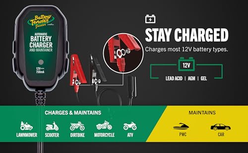 Battery Tender Junior 12V, 750mA Charger and Maintainer: Automatic 12V Powersports for Motorcycle, ATVs, and More - Smarter Than a Trickle Charger - 021-0123