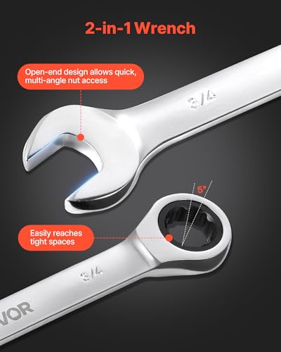 VEVOR Combination Wrench Set, 16-Piece SAE Sizes, 72 Teeth, Cr-V Steel Ratcheting Wrench Set, with Roll Up Pouch, Open End, Clear Size Labels, for General Household and Automotive Repairs, Silver - size: 16PCS (SAE), style: Regular