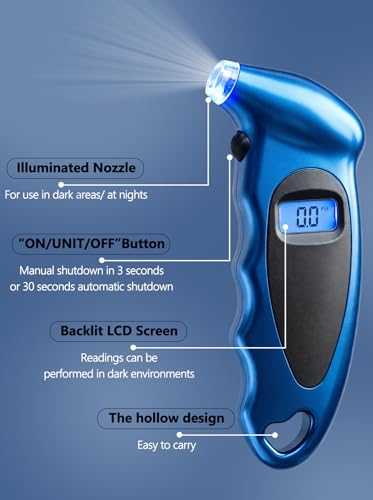 Digital Tire Pressure Gauge 150 PSI, Accurate in 0.1 Increments,1 Pack Tire Pressure Gauge with Backlight LCD, 4 Units (PSI/Bar/Kgf/cm²/KPA) Applicable to Car Truck Bicycle, Blue - color: Blue