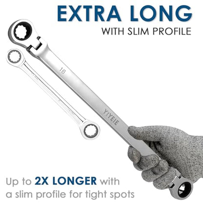 YIYEIE 6 Pcs Extra Long Flex Head Ratcheting Wrench Set, Metric Long Wrench 8mm - 19mm, 72-Tooth Double Box End Wrenches, Chrome Vanadium Steel with Mirror Polish Finish, Rolling Pouch - size: Extra Long Set Metric