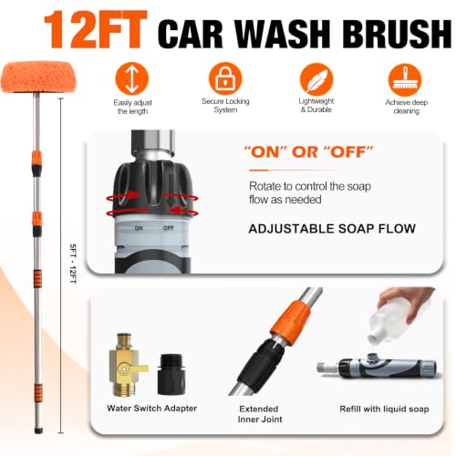 LAANPOLE 12FT Car Wash Brush with Long Handle, Car Cleaning Brush with 12 Inch Soft Bristle and Soap Dispenser, Solar Panels Cleaner with Telescoping Pole for RV, Truck, Boat, House Siding, Orange - color: Orange