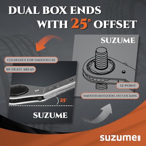 SUZUME Offset Ratcheting Wrench Set, 10-Piece Metric & SAE (6–21mm, 1/4″–7/8″) Double Offset Reversible Box End, 25° for Tight Engine Bay Repairs, Rolling Pouch - size: SAE & Metric