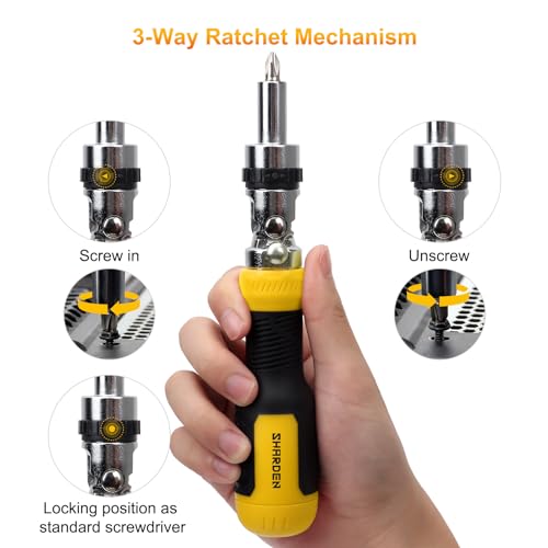 SHARDEN Ratcheting Multi Bit Screwdriver - 13-in-1 Tool Set, Flat Head/Square/Torx/Hex/Phillips, 180 Degree Pivoting Adjustable Angle Magnetic Screwdriver - color: Yellow