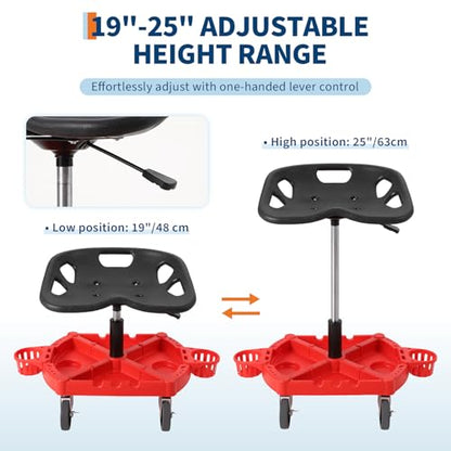 GarveeTech Rolling Mechanic Stool, 300 LBS Capacity, 19 in -25 in Height Adjustable Shop Stool with Tool Tray & 4 in 360° Lockable Swivel Wheels for Garage, Auto Repair, Workshop, ‌Heavy Duty, Red - size: Model 2