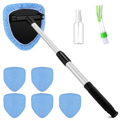 Potchen 8 Pcs Car Windshield Cleaner Tool Kit with Extendable Handle, Microfiber Towel Pads, Brush, Empty Spray Bottle for Auto Glass Wiper Suvs Rvs & Home Windows(Light Blue) - color: Light Blue