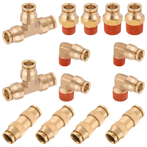 14 Pcs 3/8" Brass DOT Air Line Fittings Kit 1/4" 3/8" DOT Push Lock Air Fittings NPT Thread & Quick Connect Air Hose Fittings Kit - color: Gold-14PCS3/8"