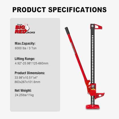 Big Red TRA8335-1 Torin 33" Ratcheting Off Road Utility High Lift Farm Jack, 3 Ton (6,000 lb) Capacity - size: 33 inch Red