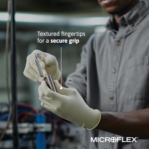 Ansell MICROFLEX Diamond Grip MF-300 Disposable Latex Gloves for Automotive, Healthcare, Machinery Industries - Large, Natural (Box of 100) - size: Large (Pack of 100), style: Box (100)