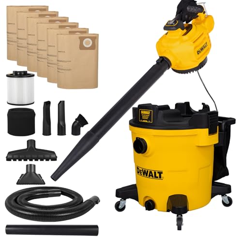 DEWALT Shop Vacuum Wet and Dry 12 Gallon 5.5 HP with Detachable Blower | Full Accessory Kit & Storage Bag, ideal for Garage Workshop Lawn Yard Patio & Outdoor Leaves Cleaning, DXV212PA - size: 12 Gallon + 6 Dust Bags
