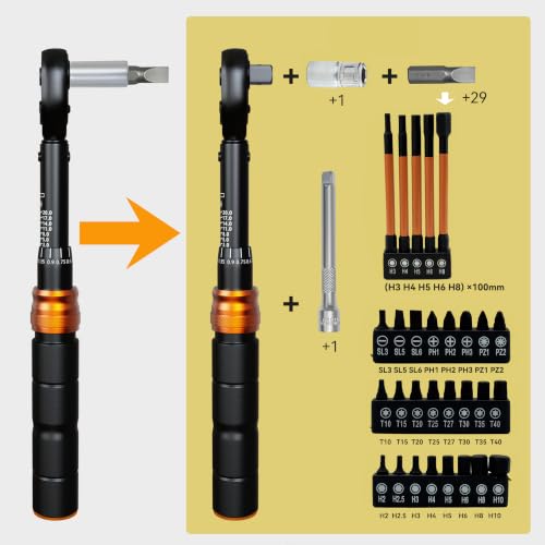 Bike Torque Wrench Set, 2-20 Nm, 35-Piece Kit with 1/4" Drive Click Ratchet Wrench and Bits