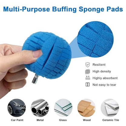 Linkstyle 5PCS Drill Polishing Ball Set, Car Wheel Polisher Sponge Pad Kit with Long Extension Pole & Cleaning Brush, Buffing Ball for 1/4" Hex Drill, Car Rim and Metal Surface Polishing Tool - style: Ball_5PCS