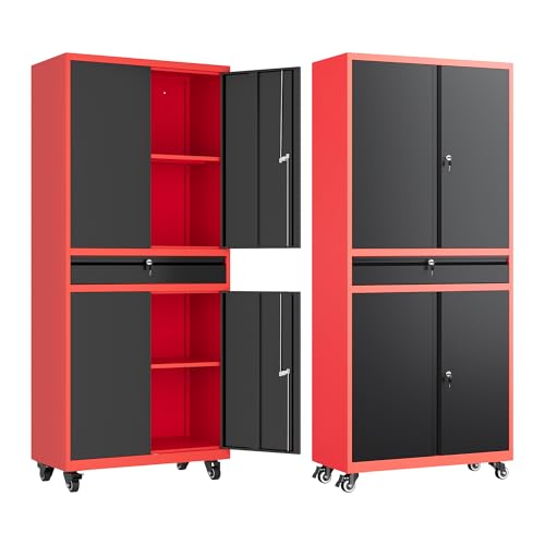 Metal Garage Storage Cabinet with Wheels,Rolling Tool Cabinet with Adjustable Shelves and Drawer for Garage Home Utility Room (Red) - color: Black Red, size: 1 Drawer-Wheels