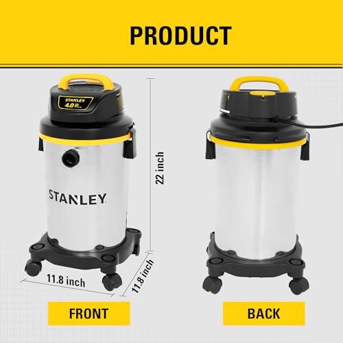 STANLEY 4 Gallon Shop Vacuum Wet and Dry, 4 Peak HP Stainless Steel | Compact Shop Vac, Portable Wet Dry Vacuum Cleaner, for Garage, Workshop, Basement, Car Detailing, Outdoor