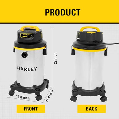 STANLEY 4 Gallon Shop Vacuum Wet and Dry, 4 Peak HP Stainless Steel | Compact Shop Vac, Portable Wet Dry Vacuum Cleaner, for Garage, Workshop, Basement, Car Detailing, Outdoor
