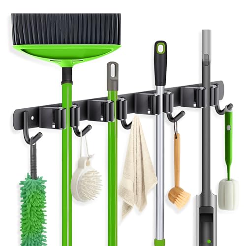 ZONGOOL Wall Mount Broom Holder 4 Racks 5 Hooks Metal Tool Organizer Black | 304 Rustproof Stainless Steel Broom Hanger, Non-Slip Wall Mount Organizer, Space Saving For Kitchen, Laundry, Garden - color: Black, size: 1Pack 4R5H