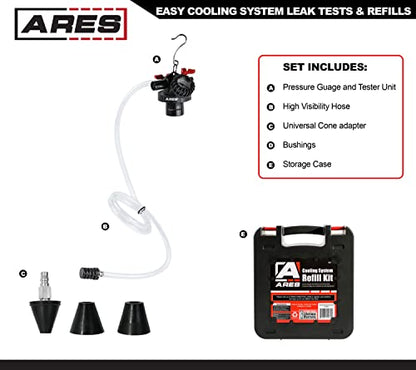 ARES 15027 Coolant Funnel Kit, Tests for Leaks, Refills Fast | Works with most radiator and coolant bottlenecks.