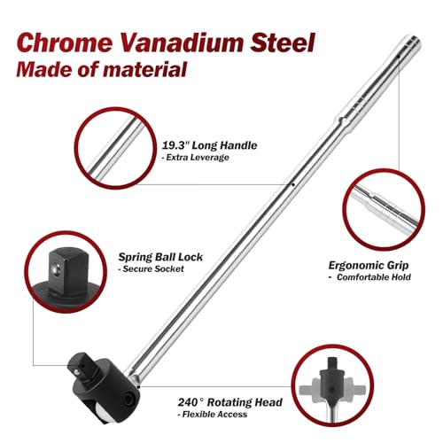 1/2 Inch Drive Breaker Bar, 20 Inch Heavy Duty Cr-v Steel Extension Bar with 240° Rotatable Head, Lug Nut Breaker Bars Extension for Mechanical Work, Automobile & Motorcycle Maintenance and Repair