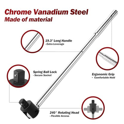 1/2 Inch Drive Breaker Bar, 20 Inch Heavy Duty Cr-v Steel Extension Bar with 240° Rotatable Head, Lug Nut Breaker Bars Extension for Mechanical Work, Automobile & Motorcycle Maintenance and Repair