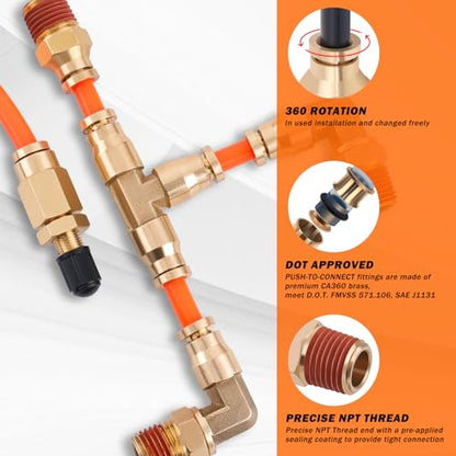 Air Line Kit for Air Spring Bag Suspension with Fittings, 25 FT PA Hose Truck Airbag Line with 1/4 NPT DOT Air Fittings, Replacement Valve for Airbag Suspension in Semi Truck Trailer - size: 9 PCS