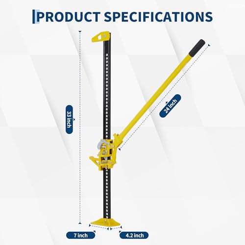 Garvee 33 in High Lift Farm Jack 3 Ton/7000 LB, Ratcheting Offroad Jack with 5.2-25.8 in Lifting Range, Heavy Duty Utility Bumper Lifter for Car, Tractor, Truck, SUV, Yellow | 7000 LB Ratcheting Offroad Jack, Heavy Duty Utility Bumper Lifter for Car, Trac