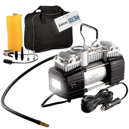 Asani 12V Air Compressor - Portable & Compact Tire Pump, 150 PSI Heavy-Duty Double Cylinder Tire Inflator with LED Flashlight, Ideal for SUVs, Off-Road, Trailer, Truck, Bike, Air Bed