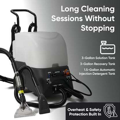 Dapper Commercial Carpet and Upholstery Extractor Cleaning Machine with Steam, Spray-Vacuum, Blower & Mite Remover. — Designed for Deep Cleaning. Dual Separate Circuit Power Cords - size: 3 Gal