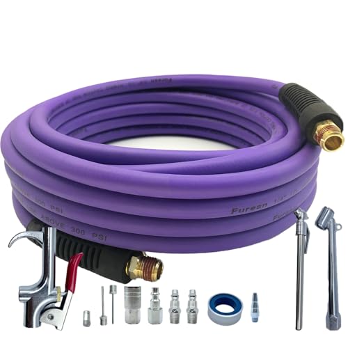 Air Hose 1/4 in x 30 ft, Hybrid Air Compressor Hose Kit with 1/4 in NPT Male Threads, 13 Piece Air Tool & Air Compressor Accessories Kit, Bend Restrictors, 300 PSI (Purple, 30FT-13 Pieces) - color: Purple