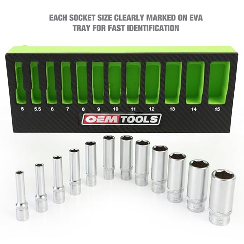 OEMTOOLS 23986 12 Piece Deep 1/4 Drive Socket Set, Deep Socket Set Metric 5-15mm, Heat-Treated Alloy Steel Sockets, Hard Chrome Finish, EVA Tray Storage - style: 1/4" Metric