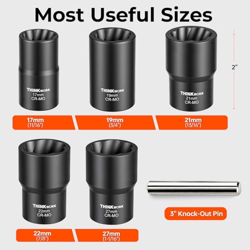 6-Piece Lug Nut Removal Tool, 1/2" Drive Wheel Lock Removal Kit | for Damaged, Rusted, Rounded-Off, Stripped Fasteners, 17-27mm, Cr-Mo, Reverse Spiral Flute, Black Oxide Coating, Storage Case - size: 6-piece