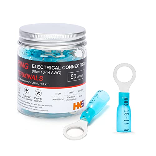 HKS 50 PCS Ring Terminals 5/16" Blue 16-14 AWG - M8 - Electrical Connectors - Heat Shrink Wire Connector Kit - Tinned Red Copper - Automotive Marine Ring Connectors - Waterproof and Insulated - size: 5/16" (M8)