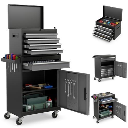 Goplus Tool Chest, 5-Drawer Rolling Cabinet with Detachable Top Toolbox, Lockable Wheels, Lock Bar, Protective Liner & Tool Rack, Metal Storage Cart for Garage Workshop - color: Grey, style: 5-Drawers